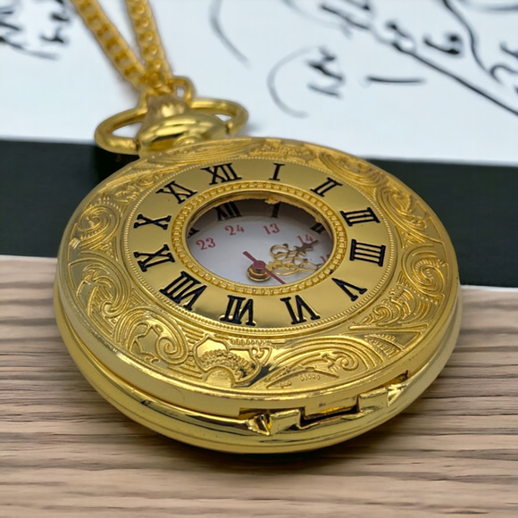 Pocket Watch NEW Gold Tone Vintage Look Roman Numerals - Picture 1 of 9